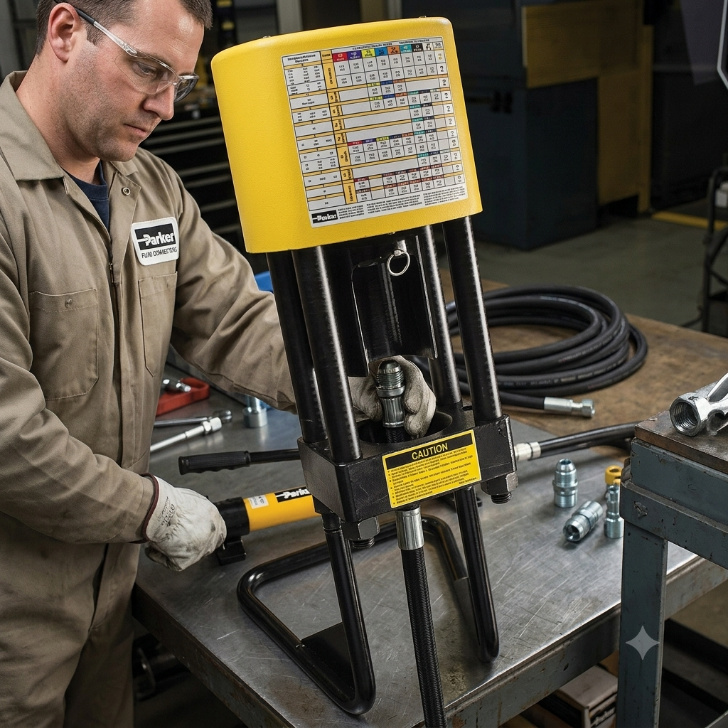 Técnico operando máquina de crimpado para mangueras hidráulicas