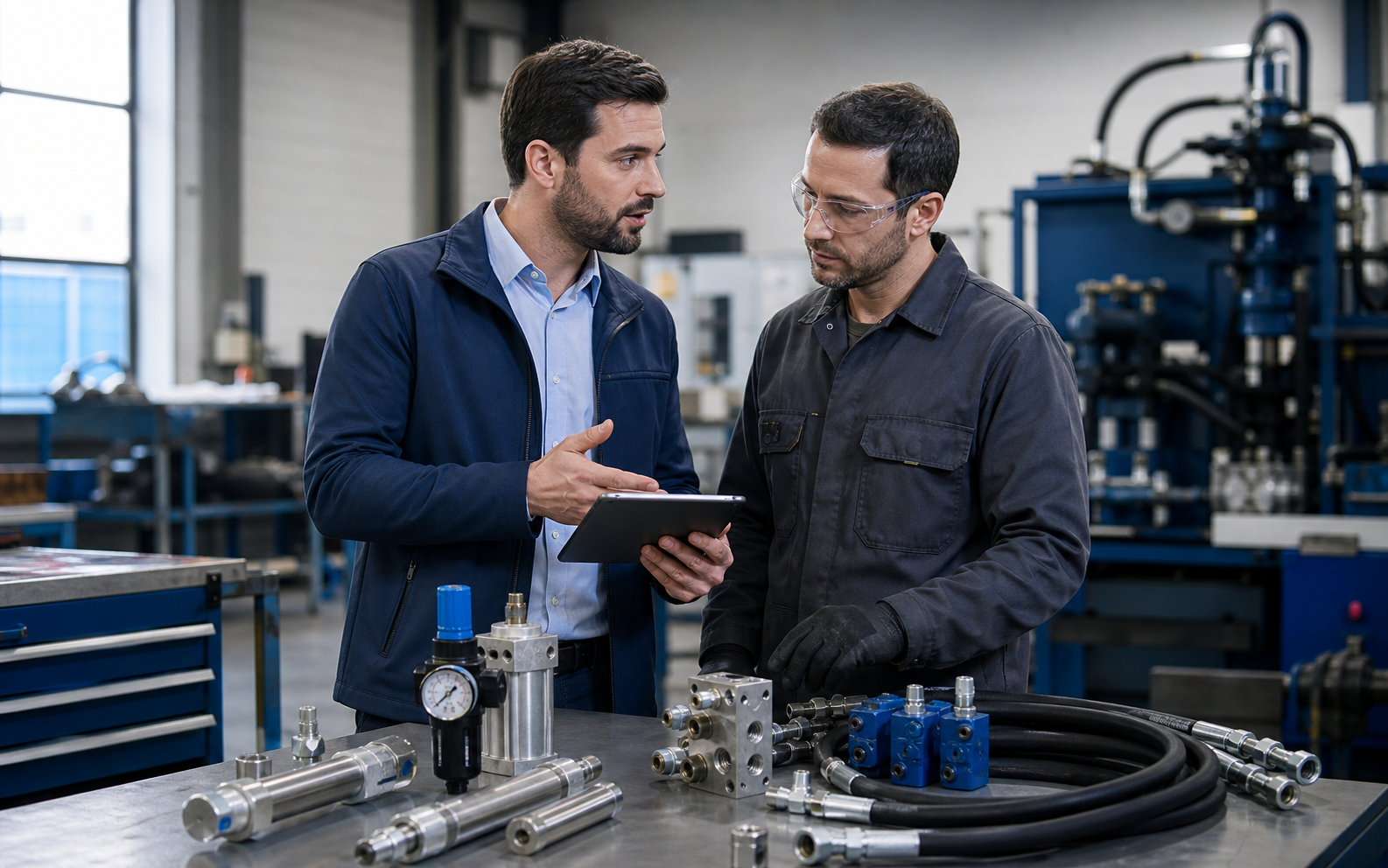 Asesor técnico revisando componentes industriales durante diagnóstico inicial